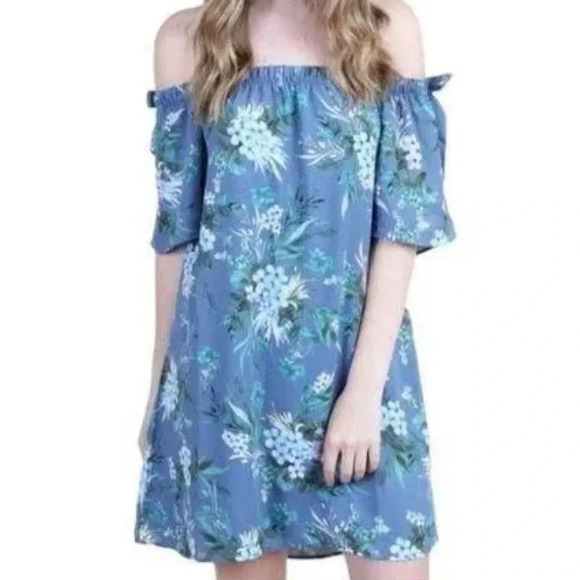 Altar'd State Dress NWT Floral Tie Off Shoulder Lined Blue Women’s Medium - Picture 1 of 10